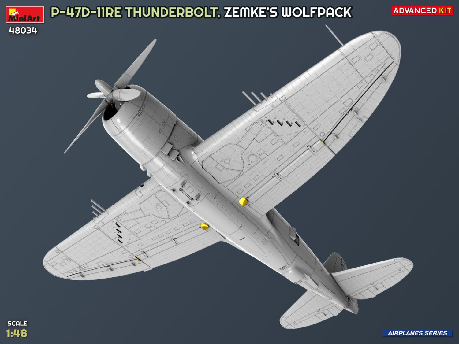 Vista inferior de la maqueta del P-47D-11RE Razorback Advanced Kit en escala 1:48 de Miniart referencia 48034