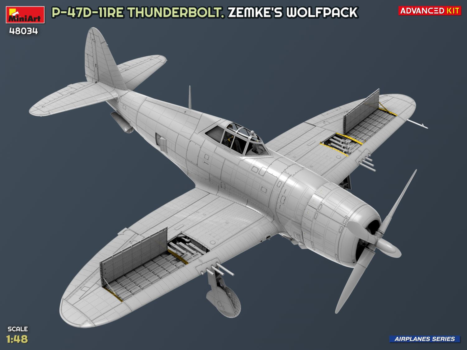 Vista de perfil derecho con la bahía de las alas abiertas de la maqueta del P-47D-11RE Razorback Advanced Kit en escala 1:48 de Miniart referencia 48034