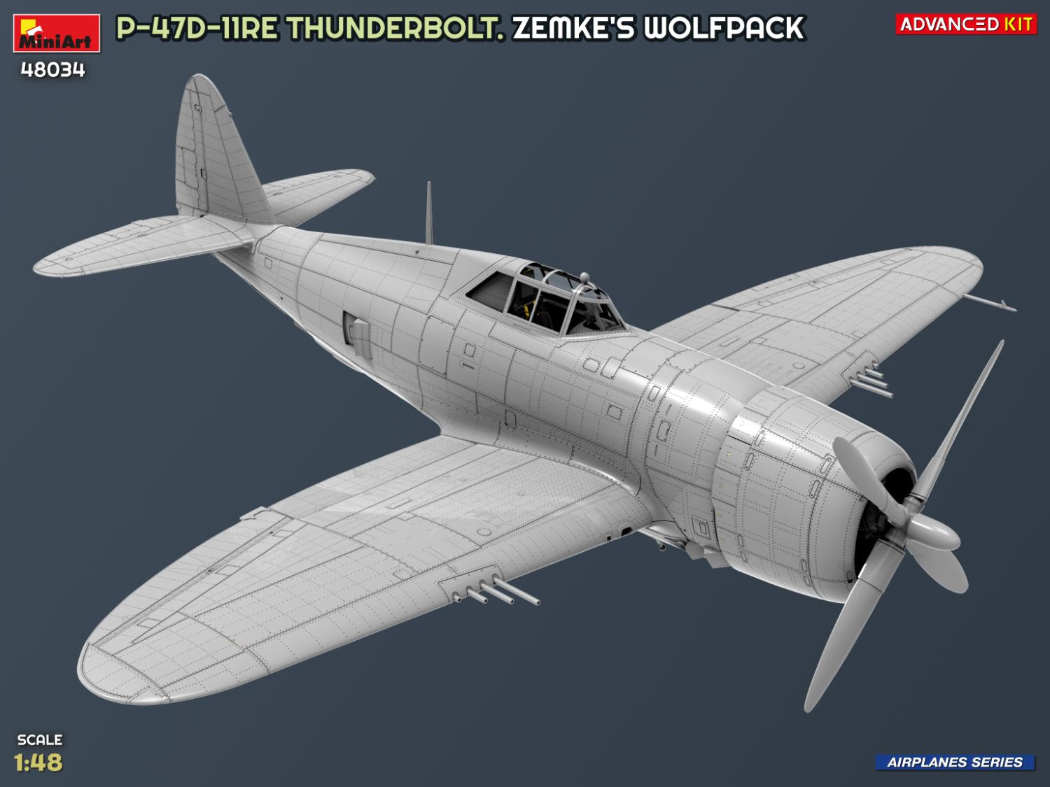 Vista de perfil derecho de la maqueta del P-47D-11RE Razorback Advanced Kit en escala 1:48 de Miniart referencia 48034