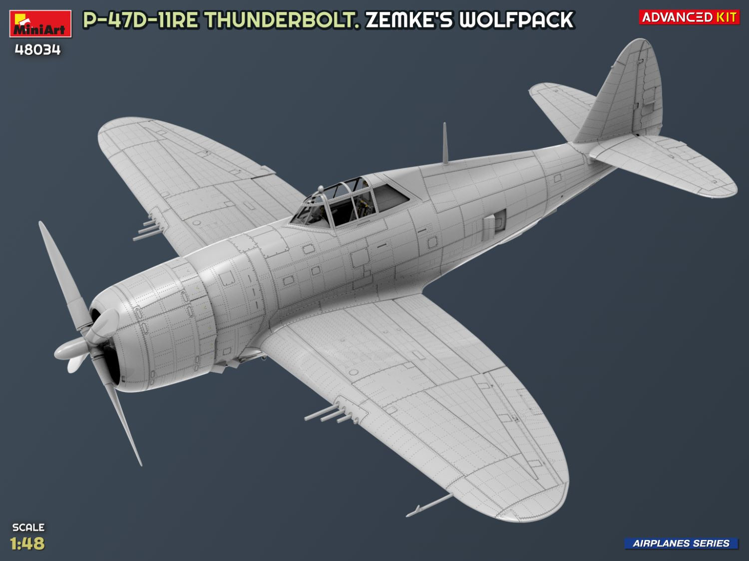 Vista de perfil izquierdo de la maqueta del P-47D-11RE Razorback Advanced Kit en escala 1:48 de Miniart referencia 48034