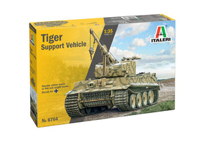 Portada de la caja de la maqueta del tanque alemán Tiger I en su versión con Grúa en escala 1:35 de Italeri con referencia 6764