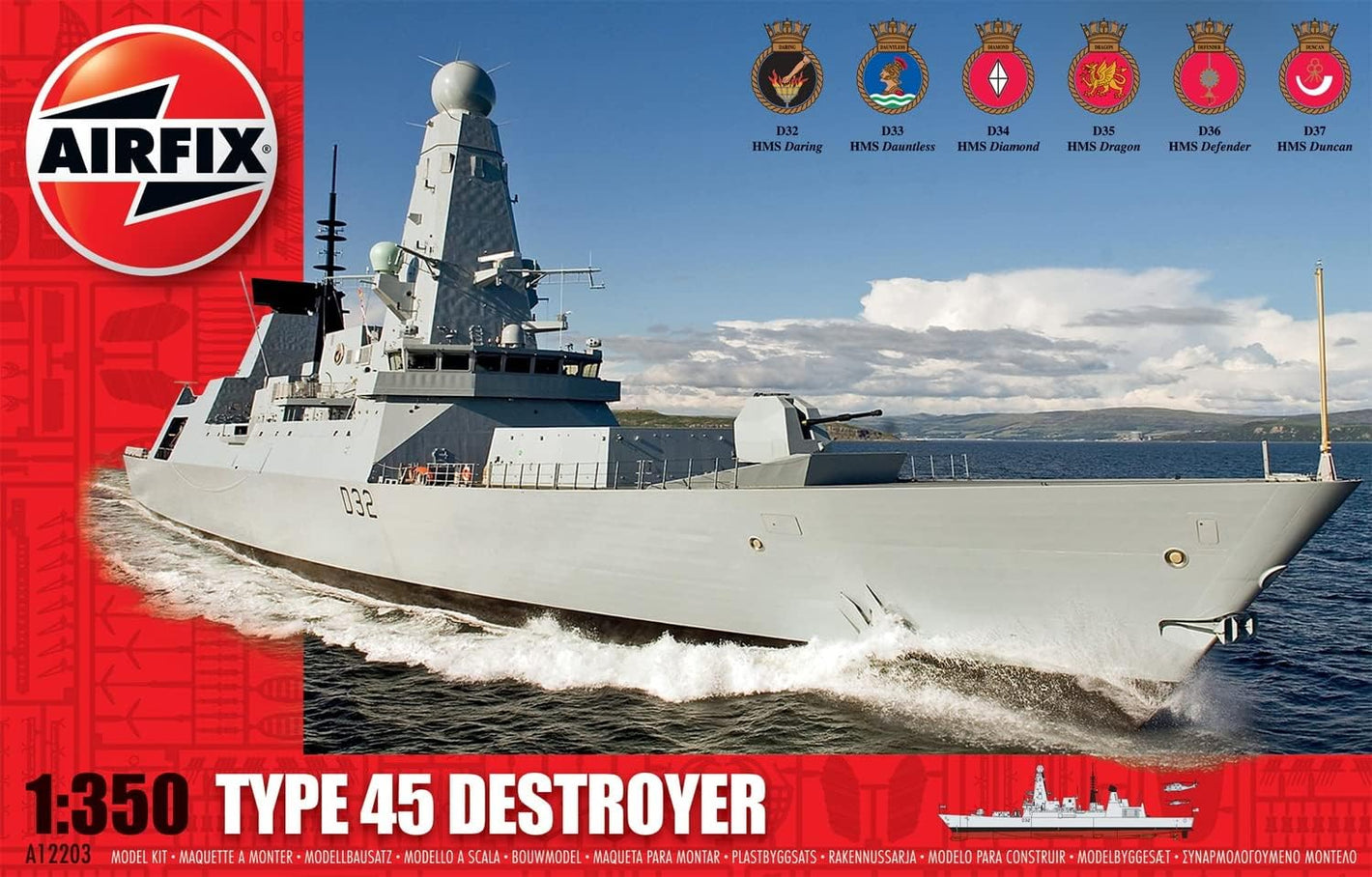 Portada de la caja de la maqueta del destructor británico Tipo 45 en escala 1:350 de Airfix referencia A12203