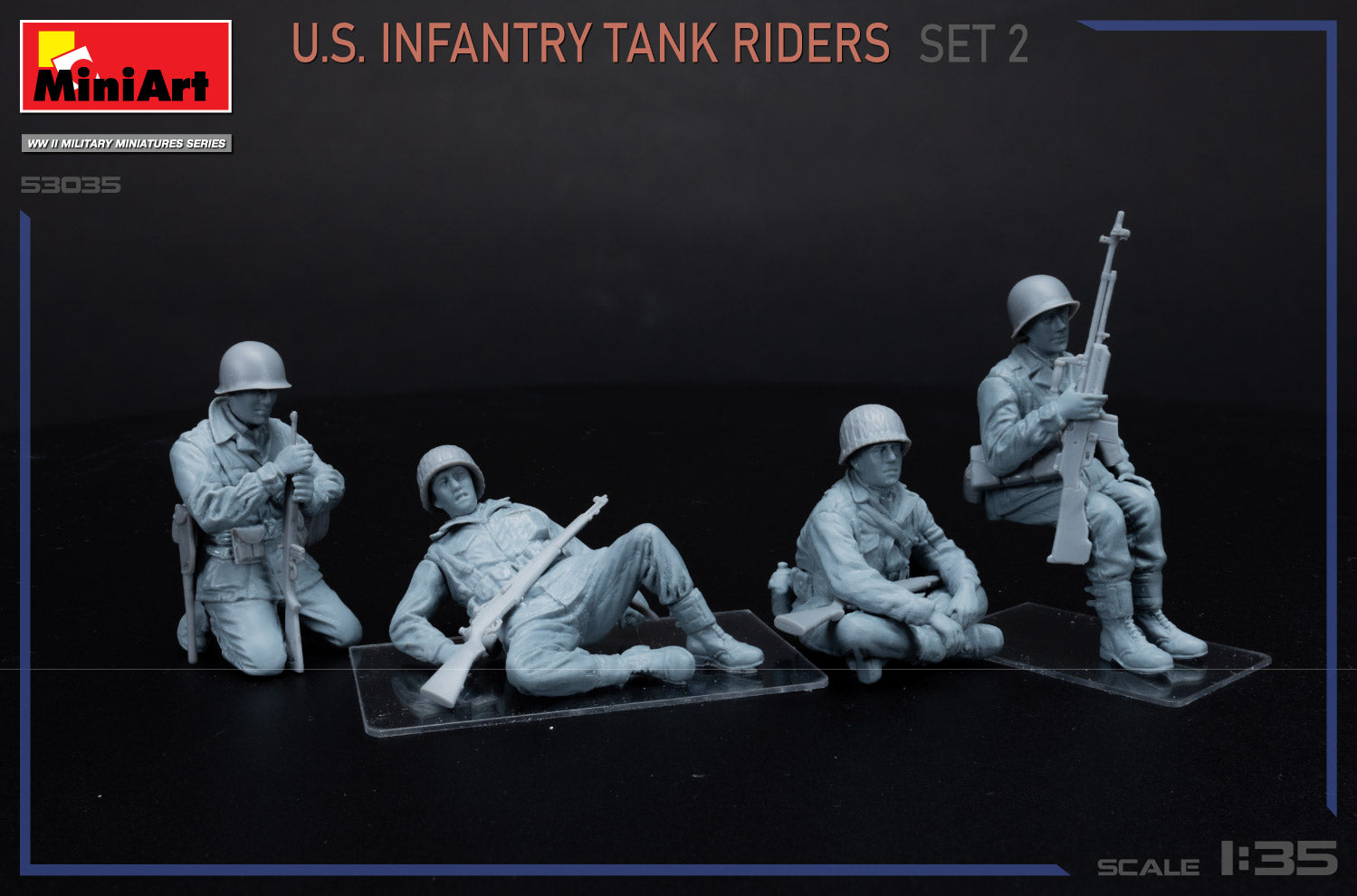 Vista derecha de las figuras de soldados de infantería norteamericano montados en tanque en escala 1:35 de Miniart referencia 53035
