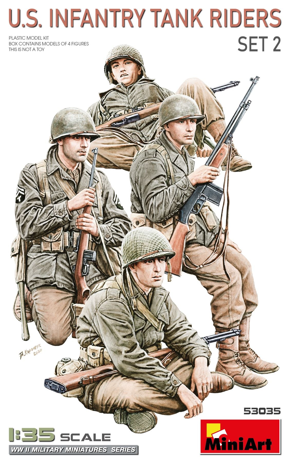 Foto de la caja de las figuras de soldados de infantería norteamericano montados en tanque en escala 1:35 de Miniart referencia 53035