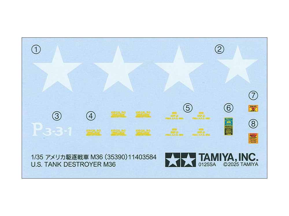 Calcas de la maqueta del cazacarros norteamericano M36 en escala 1:35 de Tamiya referencia 35390