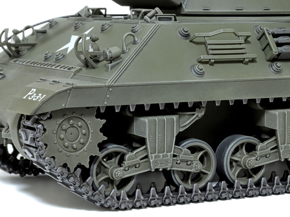 Vista del tren de rodaje de la maqueta del cazacarros norteamericano M36 en escala 1:35 de Tamiya referencia 35390