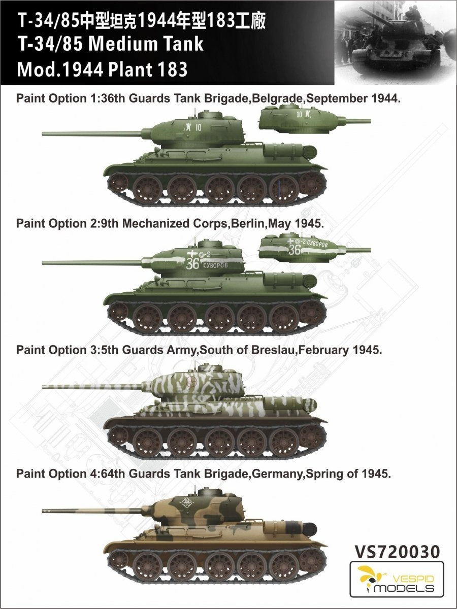Decoraciones de la maqueta del tanque soviético T-34/85 en escala 1:72 de Vespid Model referencia 720030