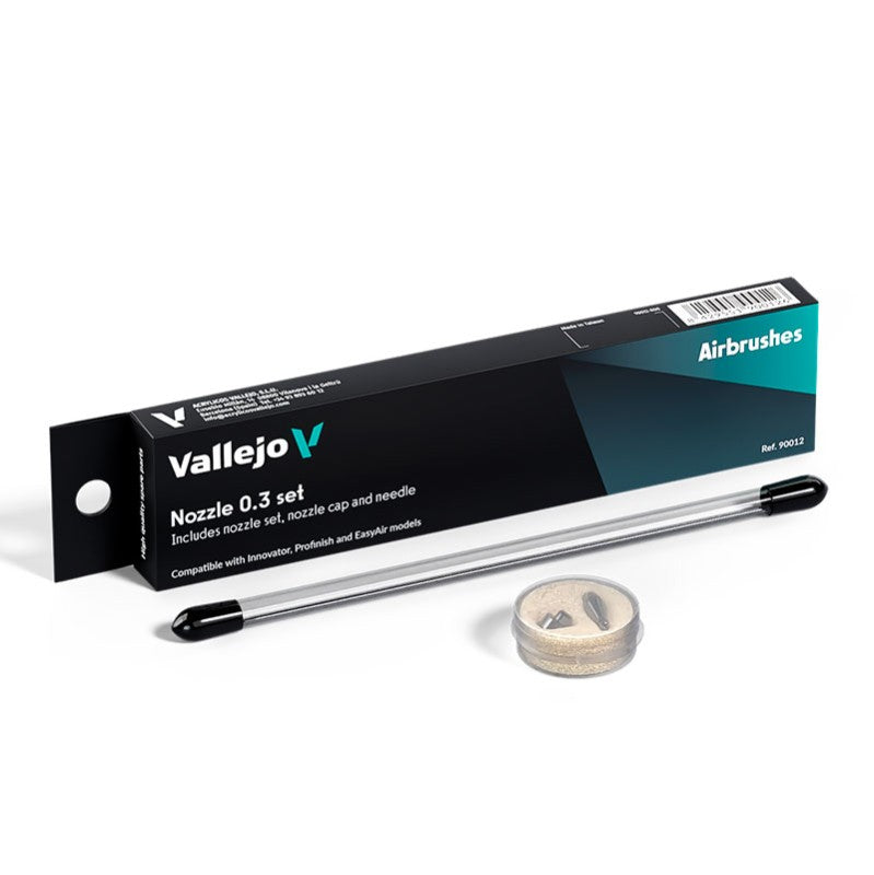Set de recambio completo con aguja, obturador y boquilla de diámetro 0,3mm para aerógrafos Innvator, Profinish e Easyair de Vallejo referencia 90012