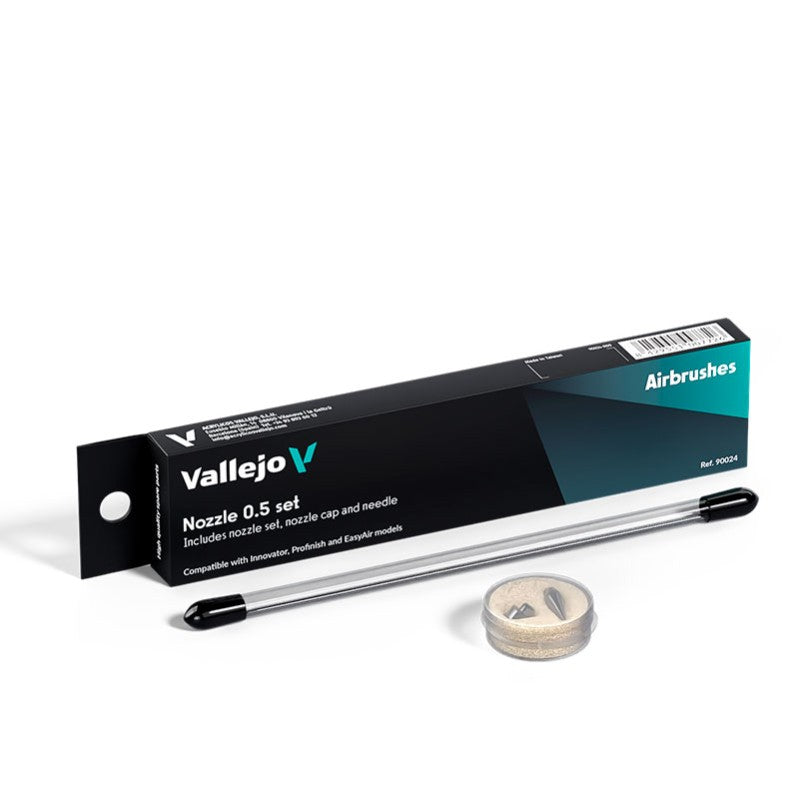 Set de recambio completo con aguja, obturador y boquilla de diámetro 0,5mm para aerógrafos Innvator, Profinish e Easyair de Vallejo referencia 90024