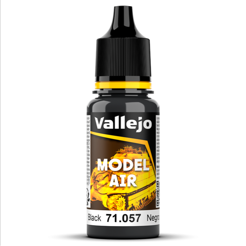 Bote de pintura de 18ml de color negro mate de la gama model air de Vallejo con referencia 71057