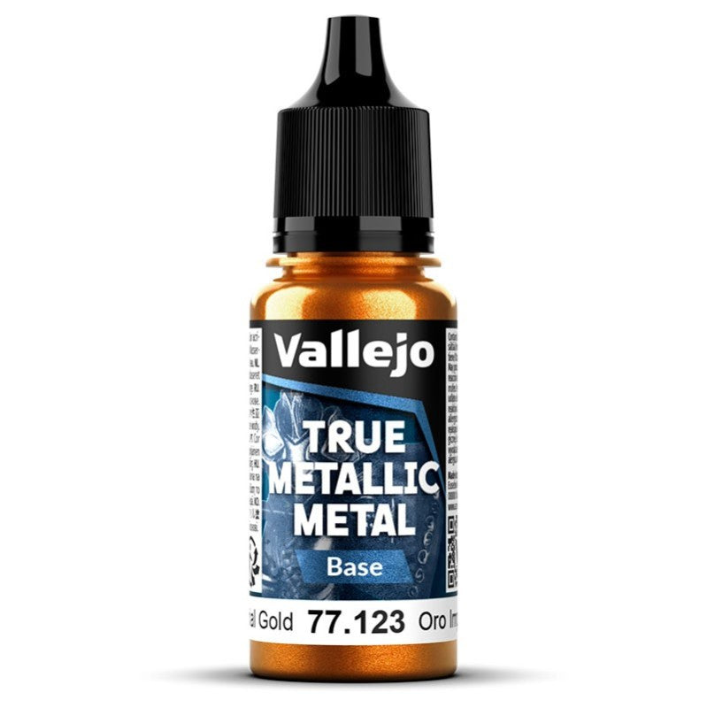 Bote de pintura de 18ml de Vallejo True Metallic Metal color base Oro Imperial referencia 77123