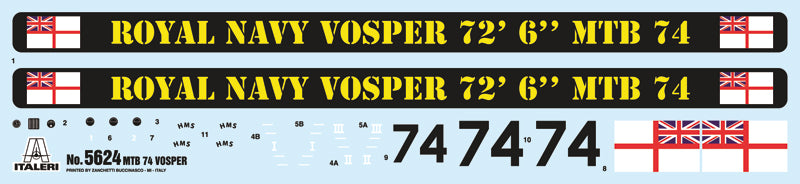Calcas de la maqueta de la lancha torpedera britanica Vosper 74 en escala 1:35 de Italeri referencia 5624