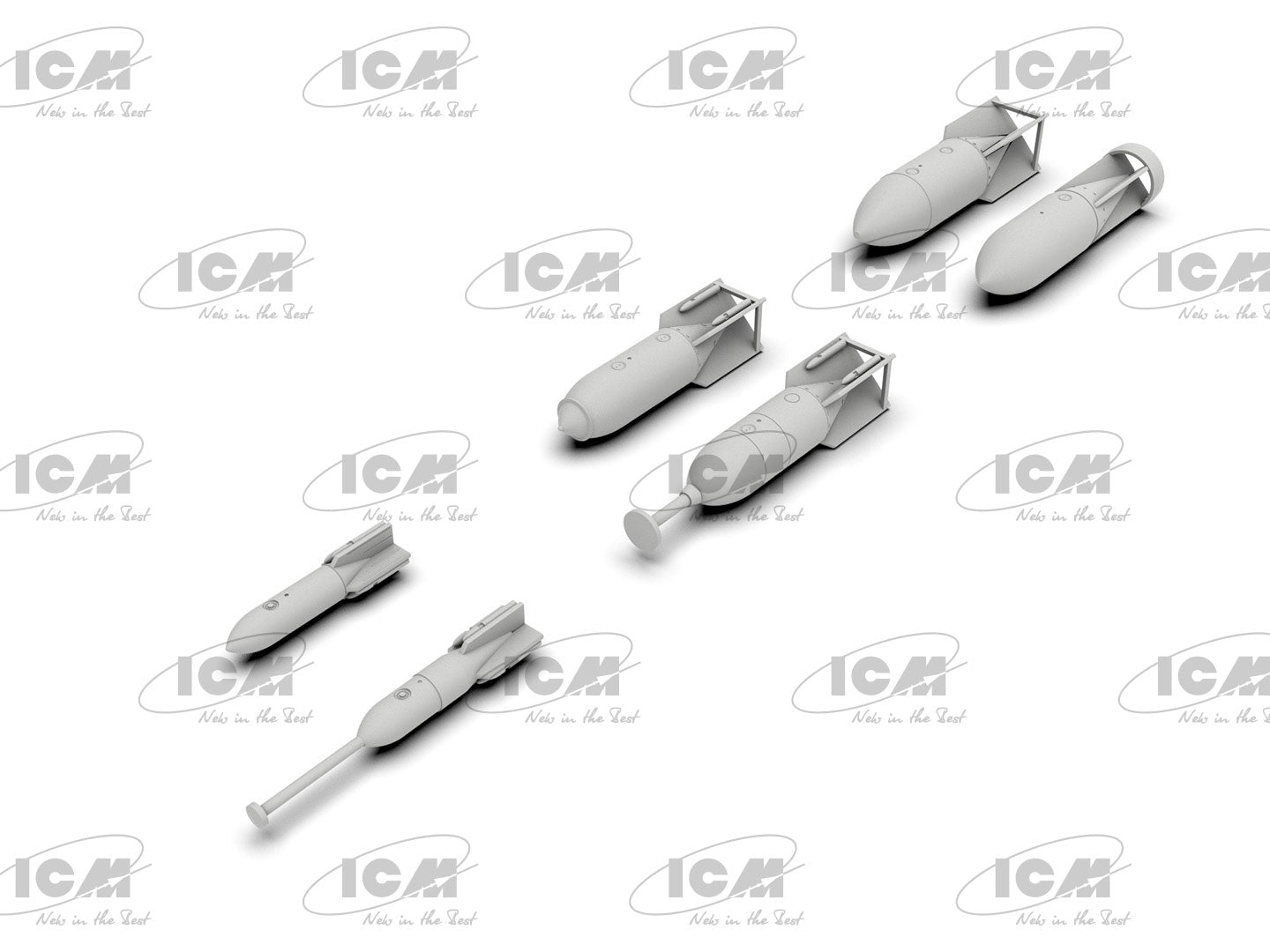 Foto delantera del set de bombas y torpedos para aviones alemanes en escala 1:48 de ICM referencia 48408