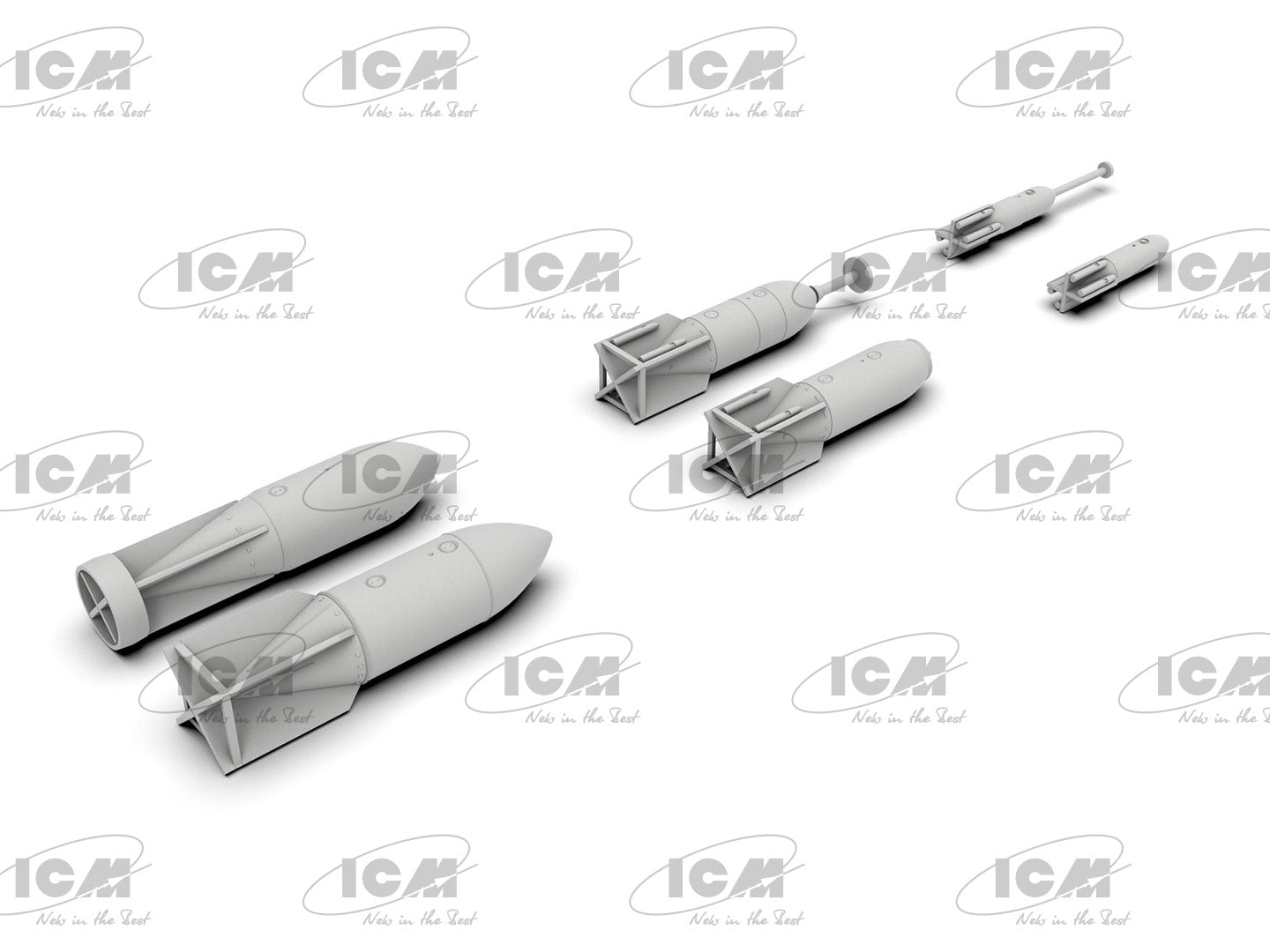 Foto trasera del set de bombas y torpedos para aviones alemanes en escala 1:48 de ICM referencia 48408