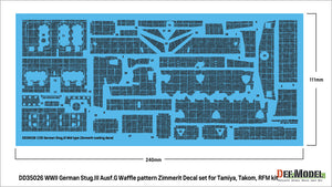 Vista de las calcas con zimmerit con patrón waffle para cazacarros alemán Stug III G en escala 1:35 de Def Model referencia 35024