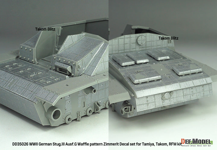 Vista frontal y trasera de la calcas con zimmerit con patrón waffle en maqueta de Takom del cazacarros alemán Stug III G en escala 1:35 de Def Model referencia 35024