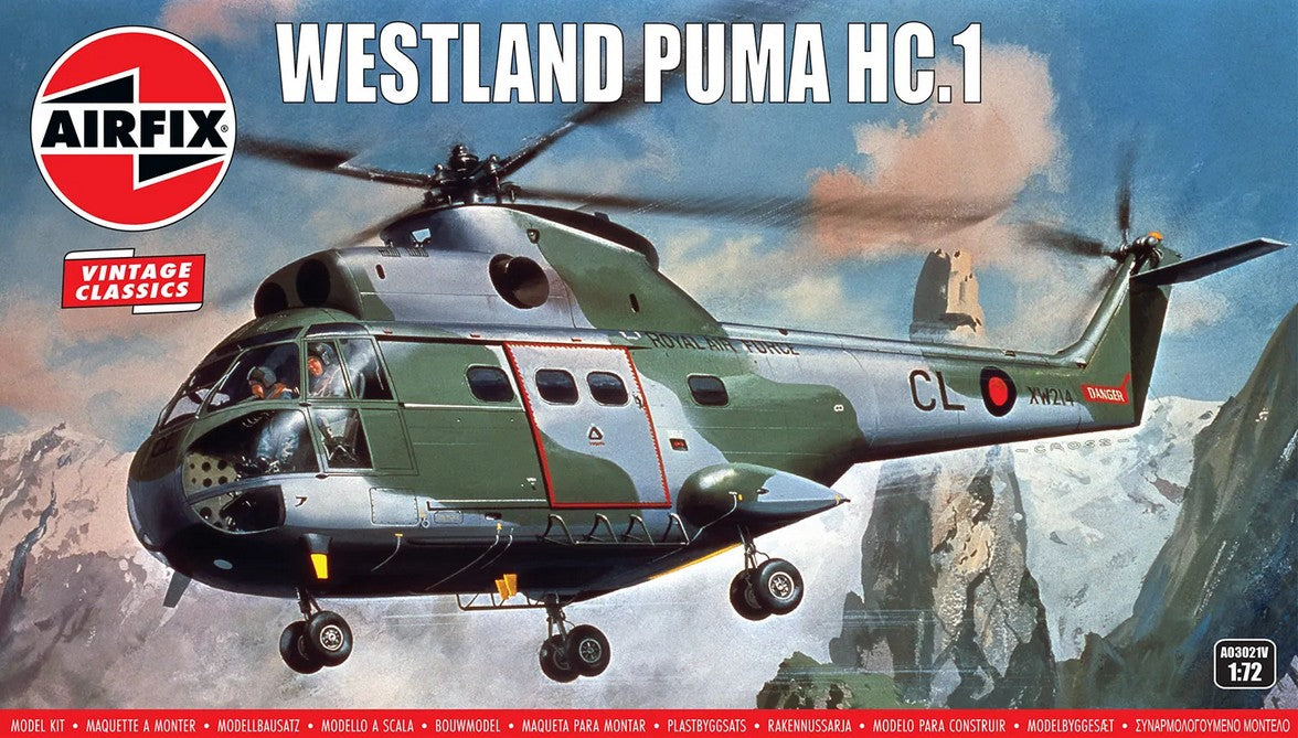 Portada de la caja de la maqueta del helicóptero militar Westland Puma HC.1 en escala 1:72 de Airfix referencia A03021V