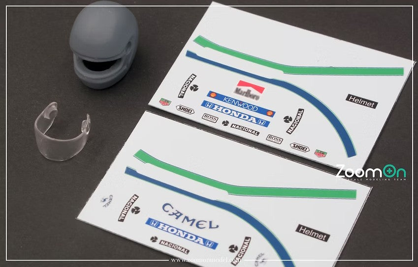 Componentes del set de la réplica del casco de Ayrton Senna en escala 1:20 o 1:12 de ZoomOn referencia Z189