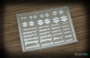 Set de calcas de distintos logotipos en distintos tamaños de Suzuki en escala 1:24 de ZoomOn