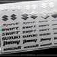 Contenido del set de calcas de distintos logotipos en distintos tamaños de Suzuki en escala 1:24 de ZoomOn