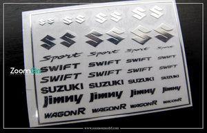 Contenido del set de calcas de distintos logotipos en distintos tamaños de Suzuki en escala 1:24 de ZoomOn