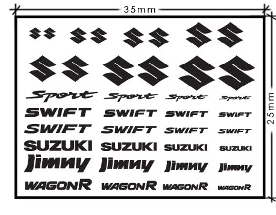Tamaño del set de calcas de distintos logotipos en distintos tamaños de Suzuki en escala 1:24 de ZoomOn