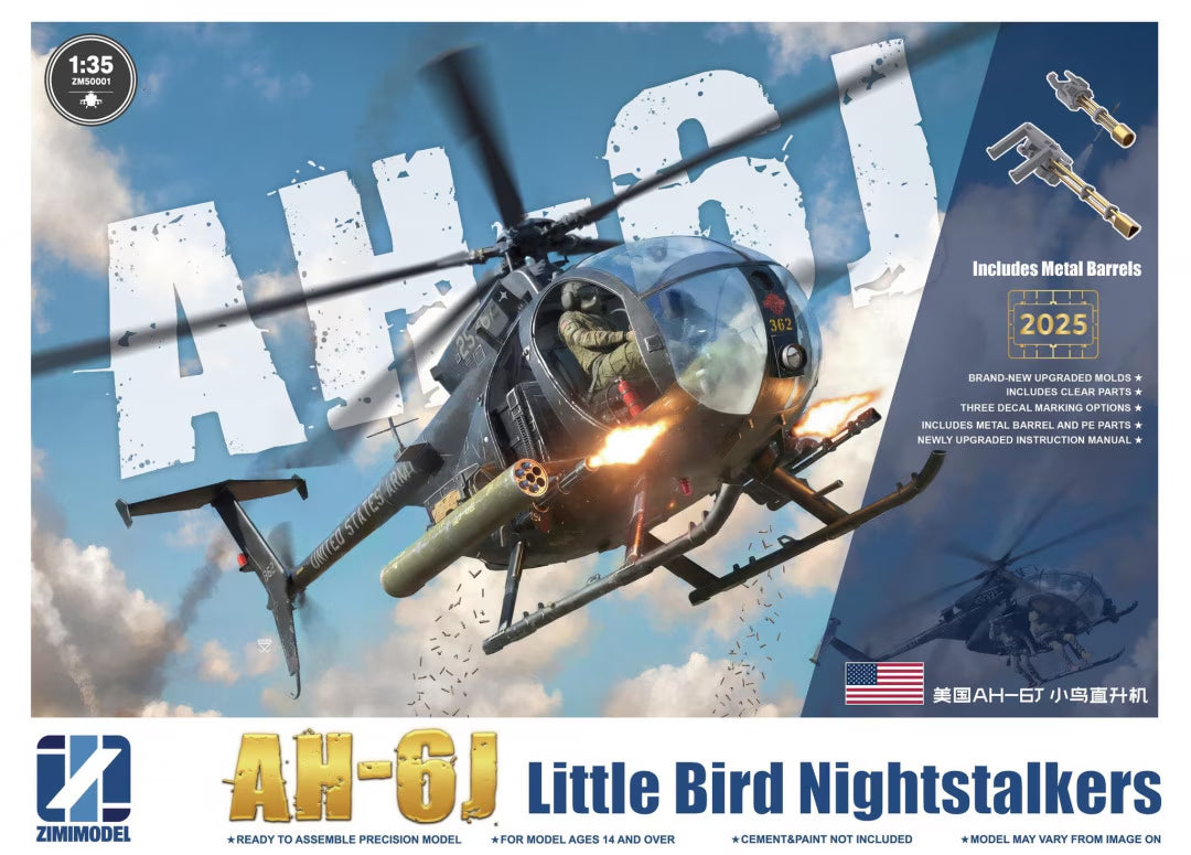Portada de la caja de la maqueta del helicóptero norteamericano AH-6J Little Bird en escala 1:35 de Zimi Model referencia 50001