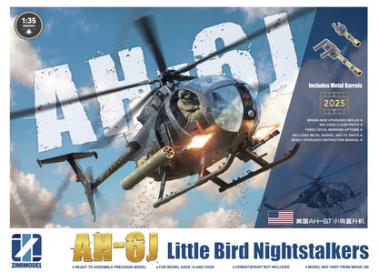 Portada de la caja de la maqueta del helicóptero norteamericano AH-6J Little Bird en escala 1:35 de Zimi Model referencia 50001