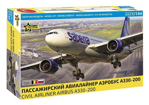 Portada de la caja de la maqueta del avión de pasajeros Airbus A300-200 en escala 1:144 de Zvezda referencia 7047