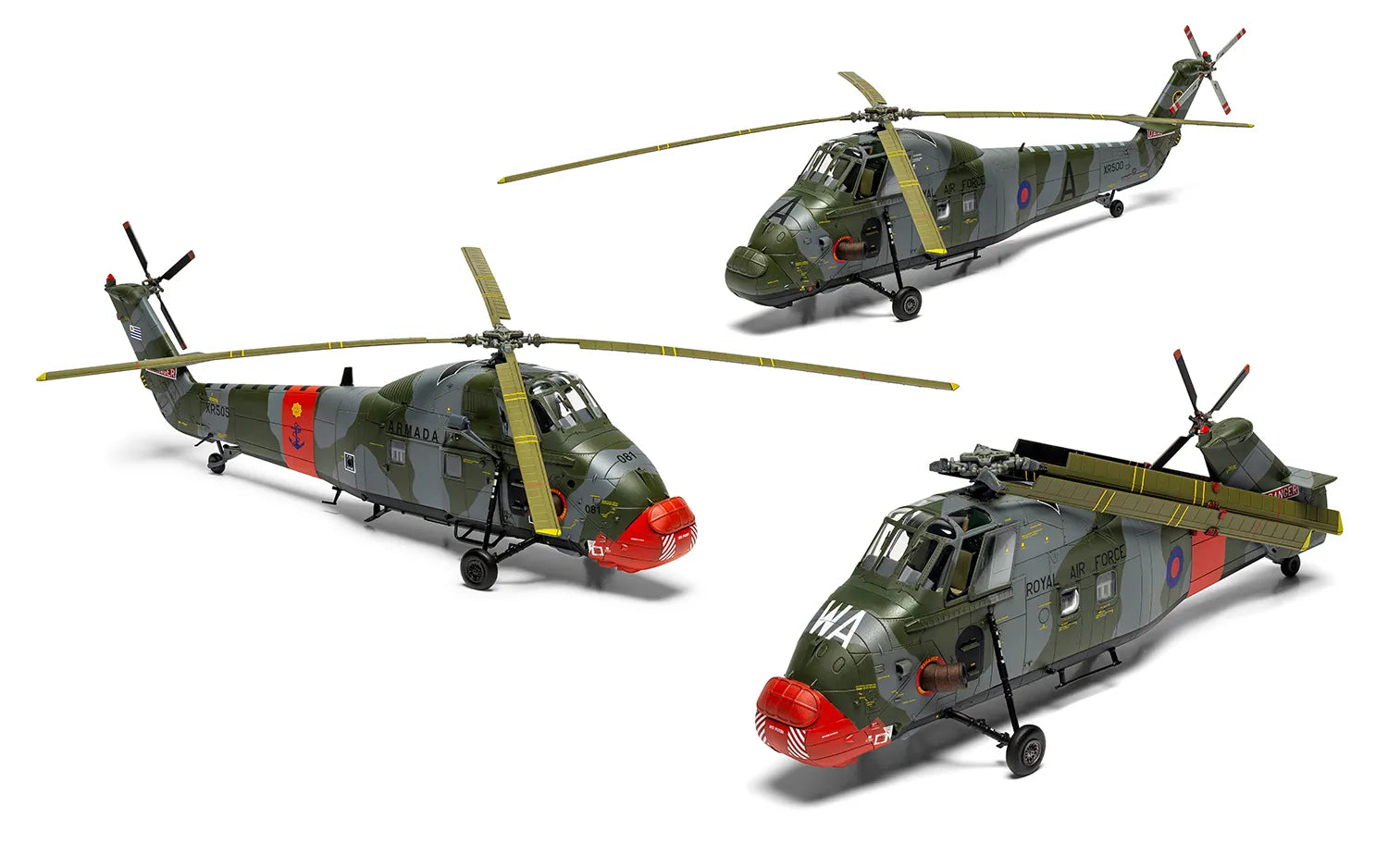 Foto aérea de las tres decoraciones con las hélices plegadas de la maqueta del helicóptero Westland Wessex HC2 en escala 1:72 de Airfix referencia A04068
