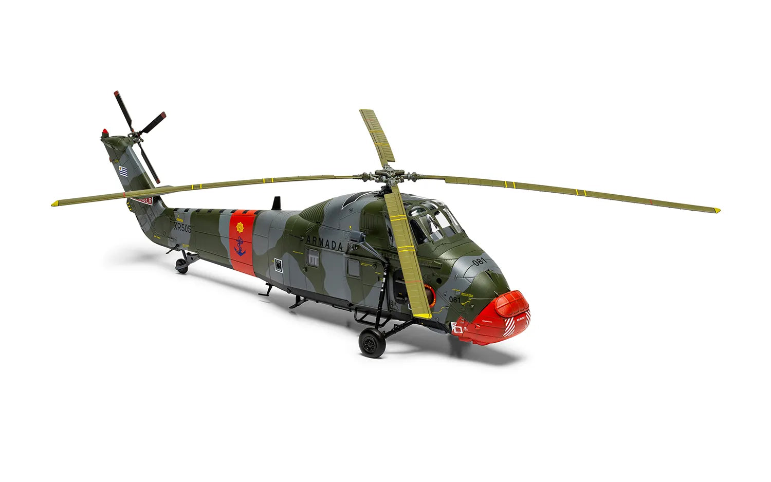 Foto frontal con las hélices desplegadas y decoración uruguaya de la maqueta del helicóptero Westland Wessex HC2 en escala 1:72 de Airfix referencia A04068