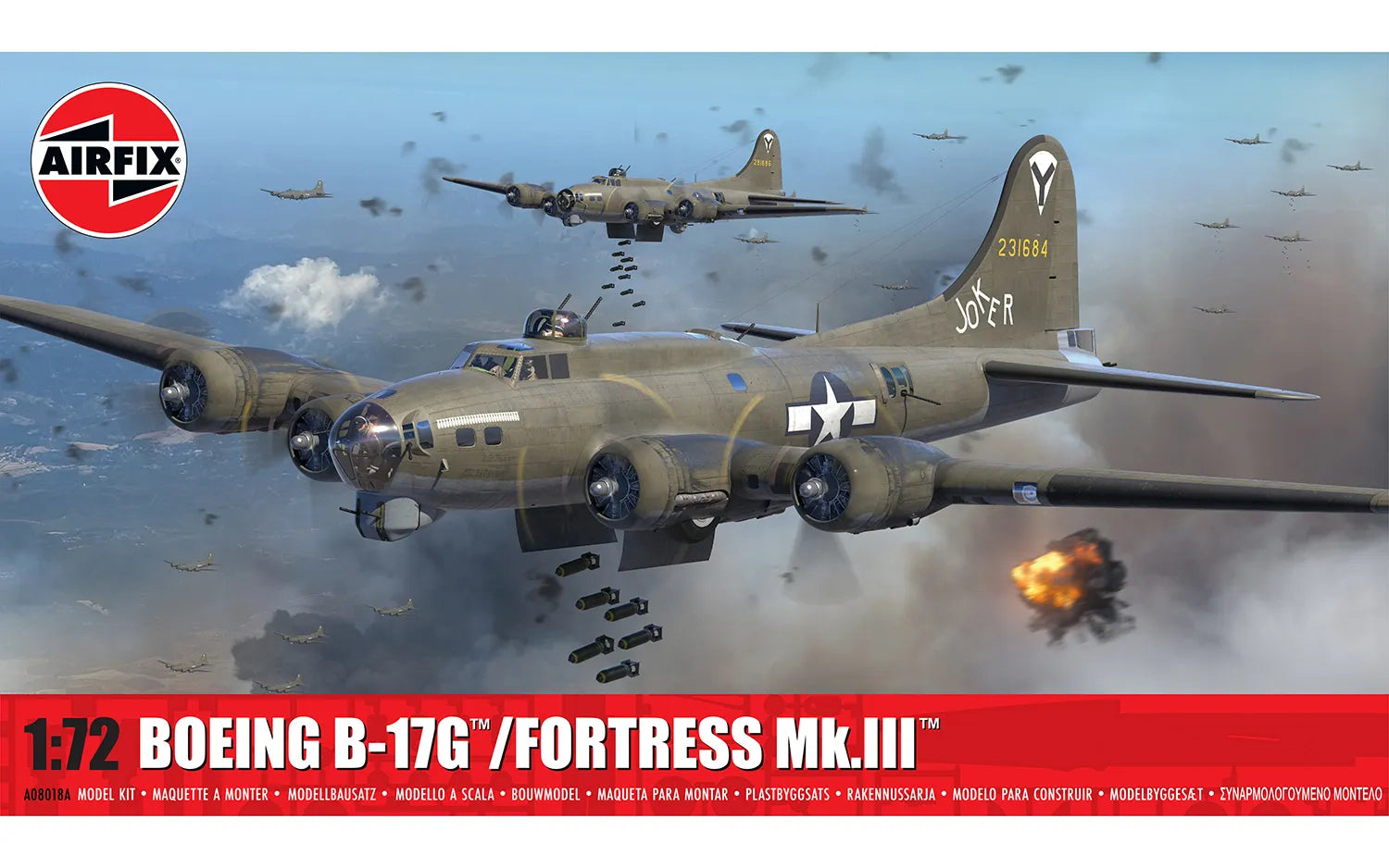 Portada de la caja de la maqueta del bombardero B-17G en escala 1:72 de Airfix referencia A08018A