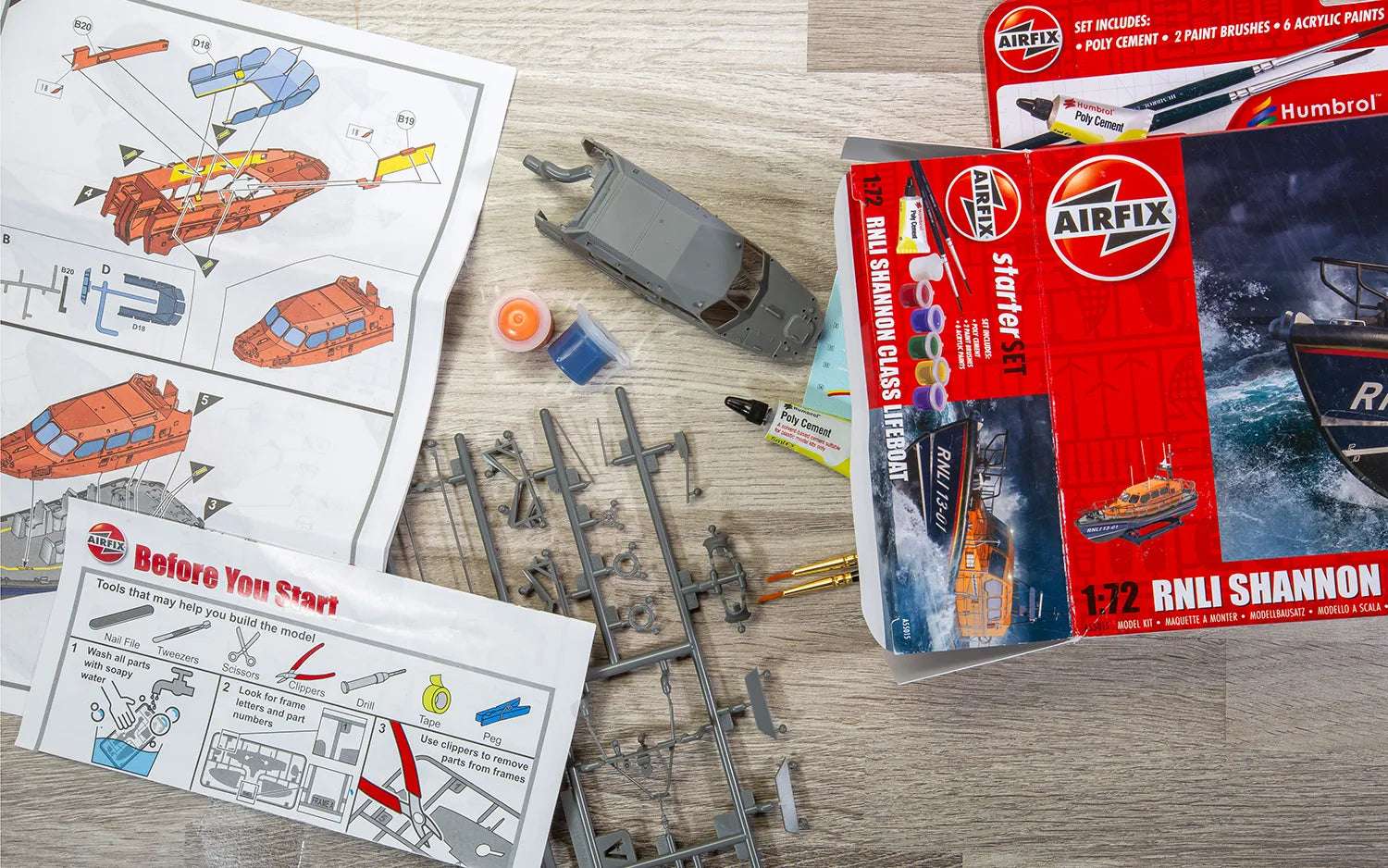 Contenido de la caja de la maqueta de la lancha de salvamento RNLI Shannon en escala 1:72 de Airfix referencia A55015