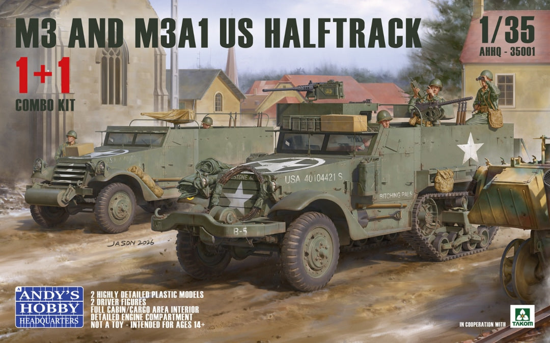 Portada de la caja del combo de dos maquetas del Halftarck norteamericano M3 en escala 1:35 de Andy´s Hobby Headuarters referencia 35001