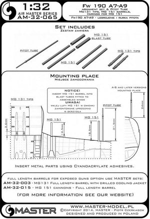 MASTER (1/32) Fw 190 A7 - A9 armament set (MG 131 barrel tips, MG 151 barrels, MG 151 fairings) &  Pitot Tube